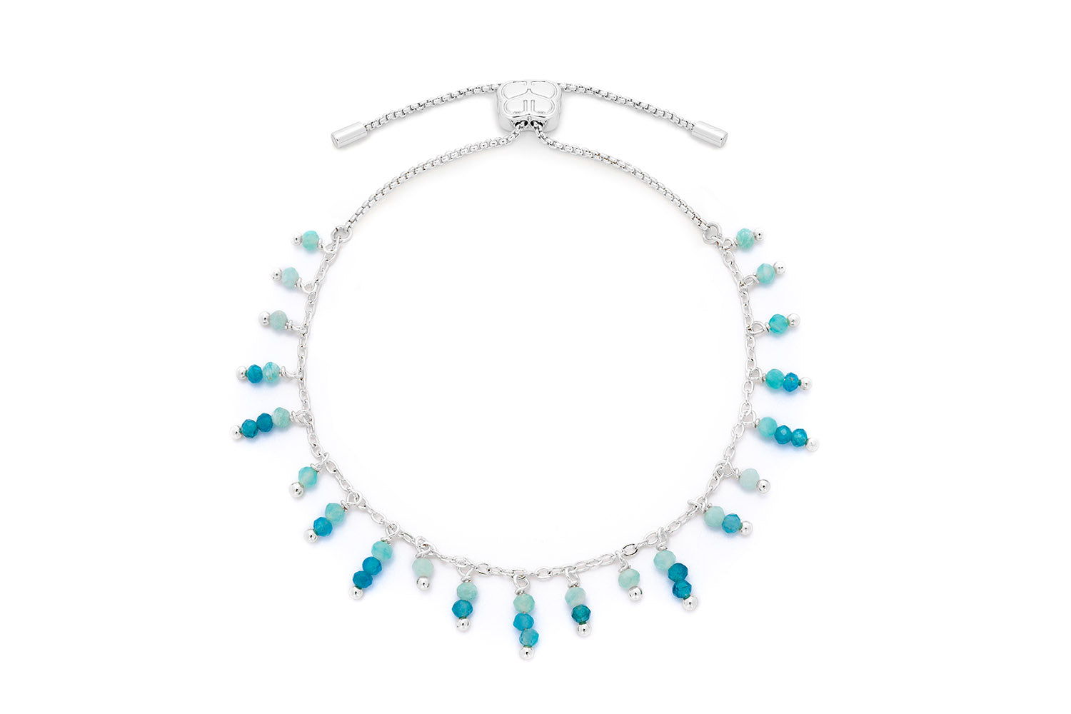 Heather Amazonite and Apatite Silver Beaded Charm Bracelet featuring faceted amazonite and apatite gemstones with a radiant silver-plated chain and adjustable slider clasp.