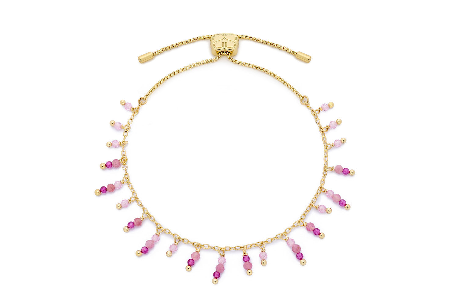 Heather Pink Tourmaline Mix Gold Beaded Charm Bracelet featuring delicate faceted pink tourmaline gemstones on a 12k gold-plated chain with an adjustable slider clasp. 