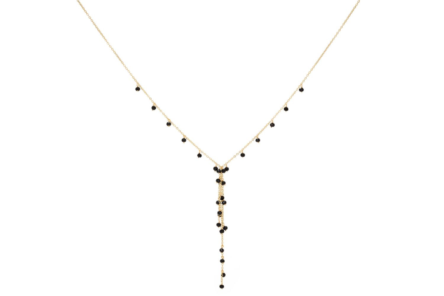 Ivy Black Spinel Lariat Gemstone Necklace with faceted black spinel gemstones and a 12k gold-plated chain, perfect for glamorous evenings and special occasions.