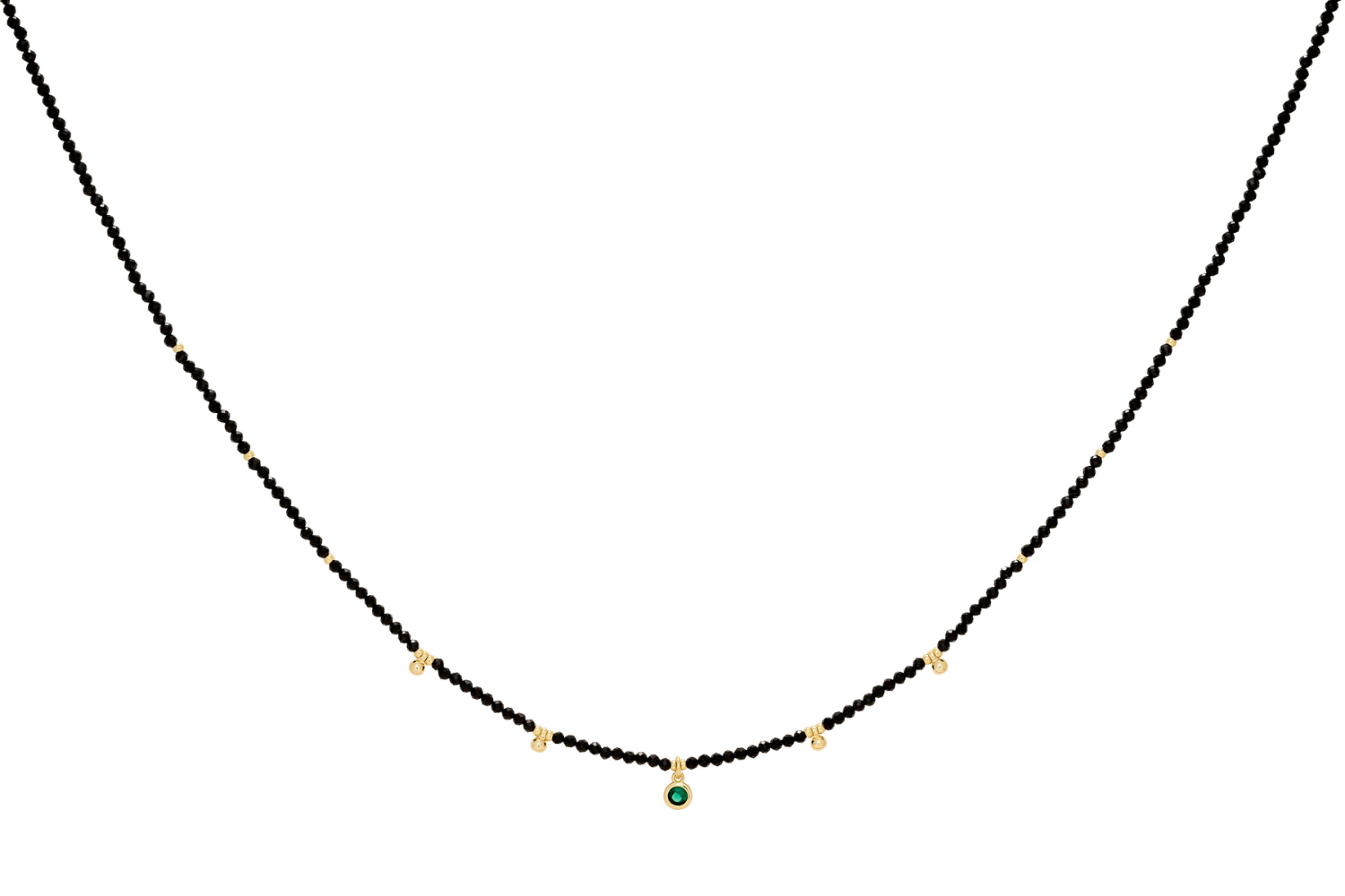 Jasmine Gold & Black Spinel Beaded Pendant Necklace featuring Black Spinel beads, gold-plated accents, and an emerald-green CZ charm with an adjustable chain.