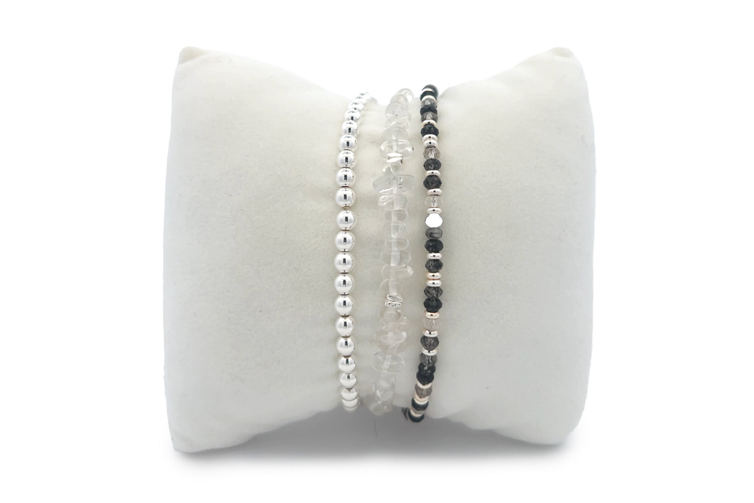 Kamari Black Rutilated Quartz Silver Stacking Bracelet featuring layers of rock crystal, black rutilated quartz, and silver accents for a refined, mystical look.