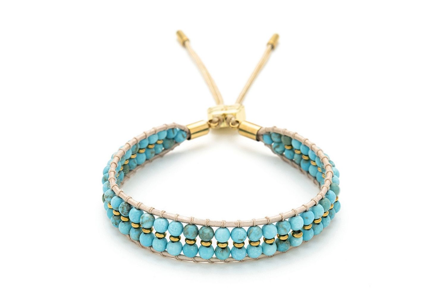 Lana Turquoise Gold Bracelet featuring turquoise howlite beads and 14k gold-plated accents, a perfect accessory for beachwear and summer style.