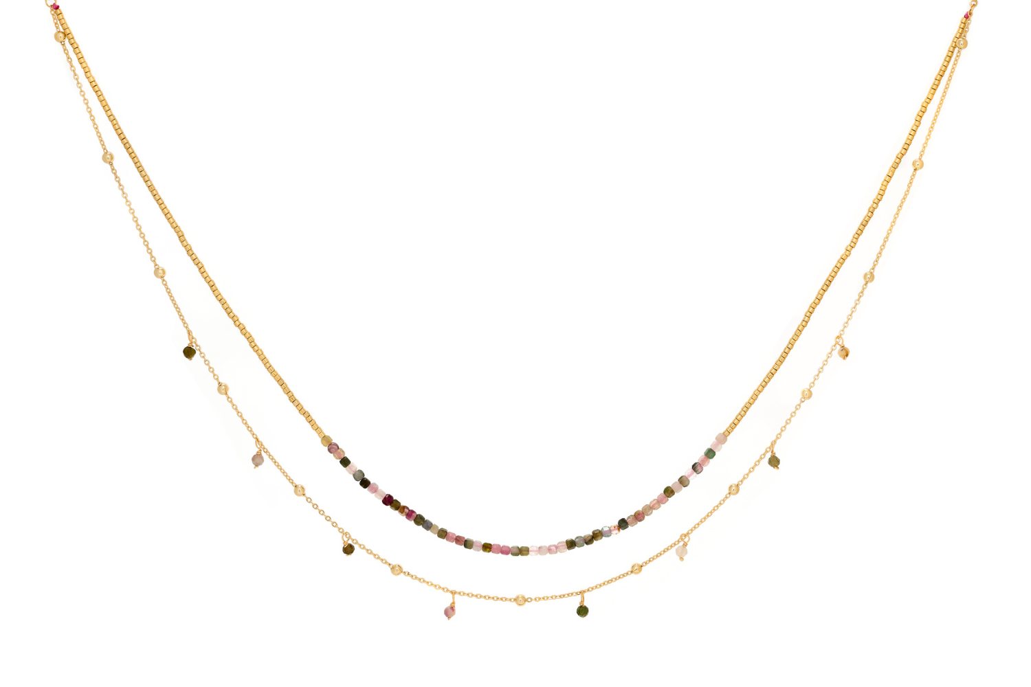 Lily Gold & Tourmaline Beaded Layer Necklace featuring delicate double-layered tourmaline beads with 12k gold-plated accents, perfect for everyday wear or elegant layering.