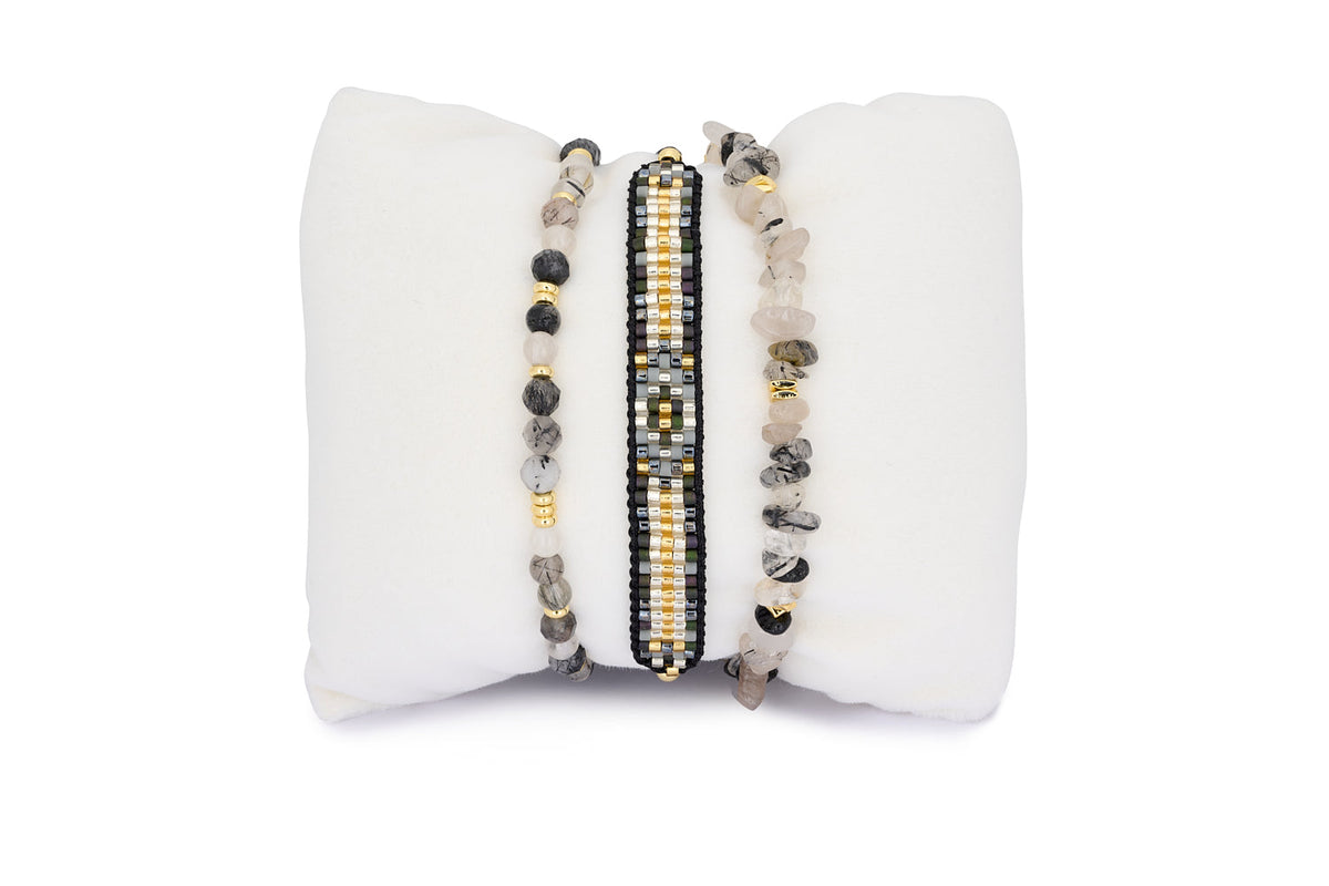 Lovina Black Rutilated Quartz Gold Bracelet Stack