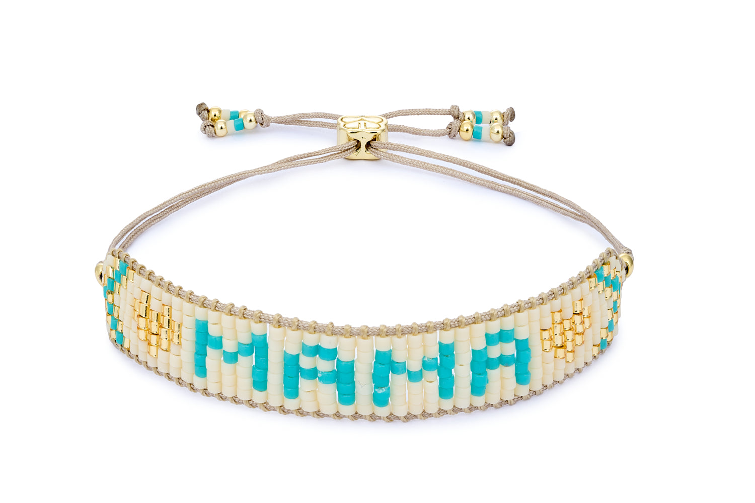 Mama Turquoise, Cream & Gold Mum Bracelet featuring hand-threaded premium Miyuki beads, turquoise, cream, and shimmering gold tones, with 12k gold-plated brass accents and an adjustable 26 cm cord, perfect as a Mother’s Day gift or new mum gift.