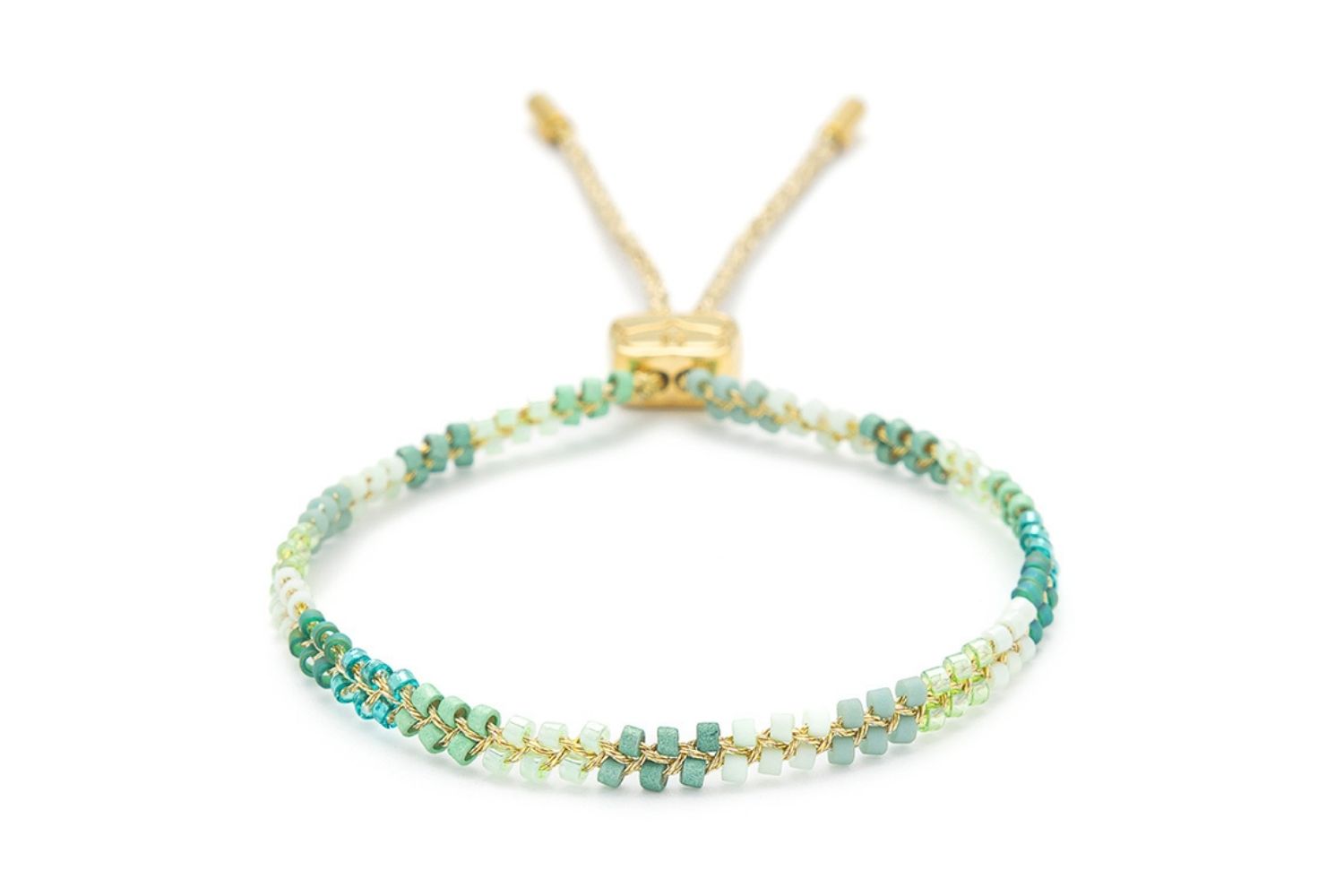 Marina Aqua Gold Braided Bracelet with aqua and green Miyuki beads, 14k gold-plated finish, inspired by ocean waves and coastal beauty.