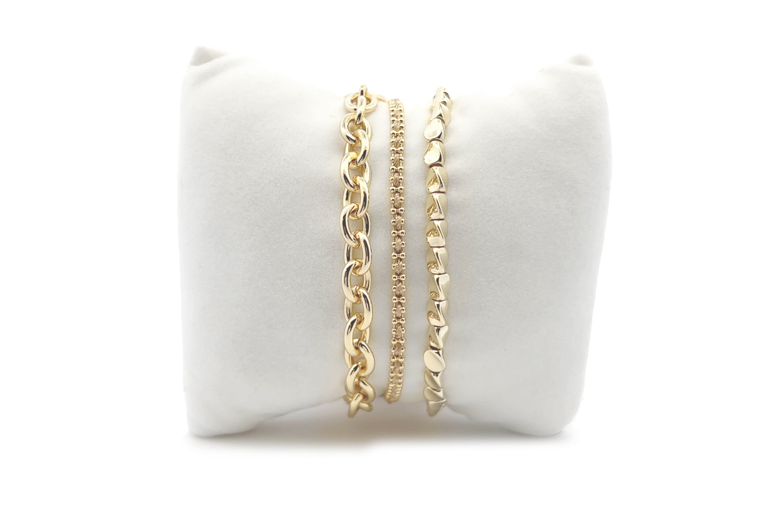 Maui Gold Stacking Bracelet Set featuring nugget-shaped gold beads, bold chain links, and soft woven taupe cord, perfect for layering or wearing solo.