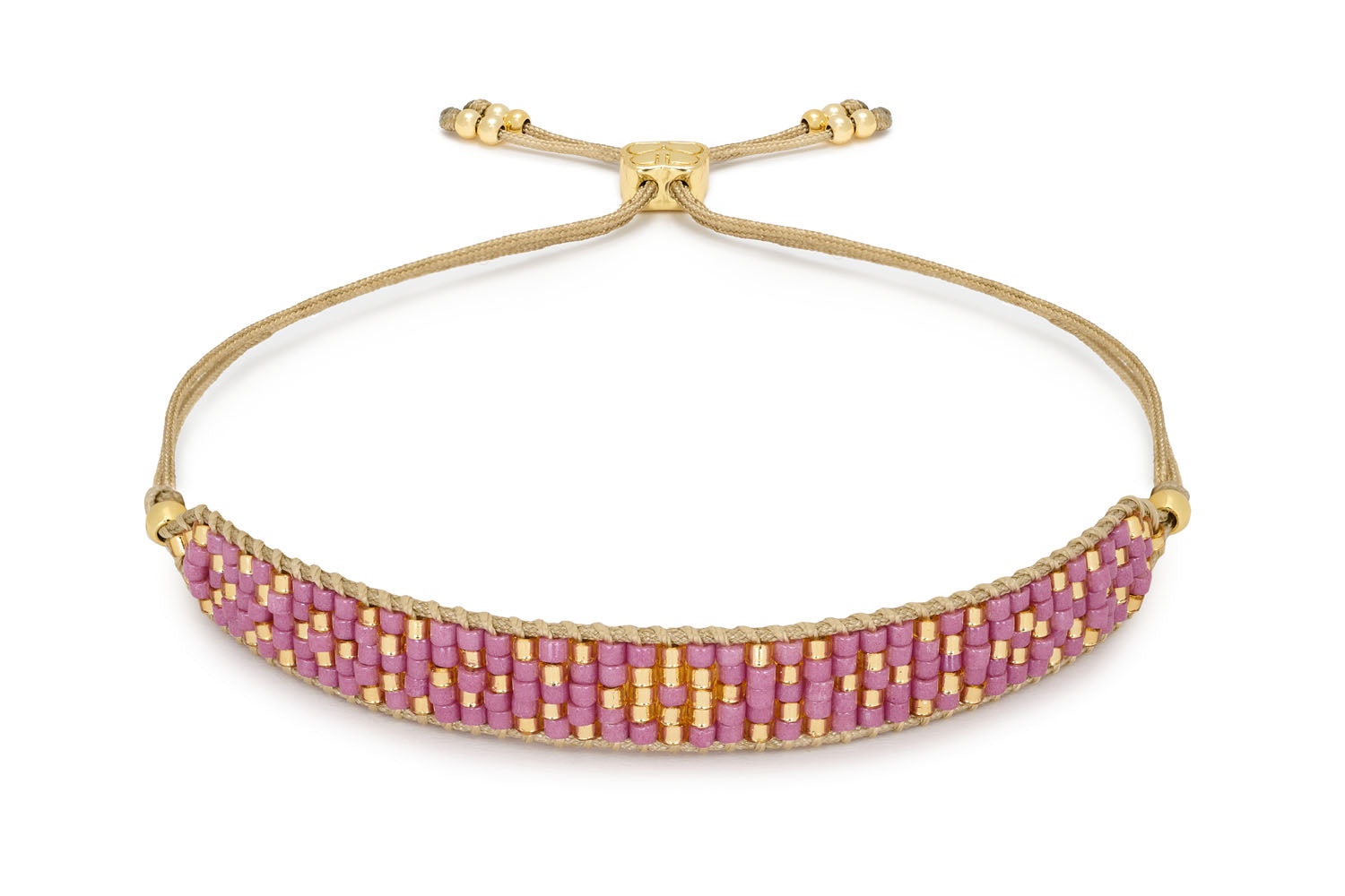 Maya Pink & Gold Miyuki Bead Friendship Bracelet with hand-threaded Japanese Miyuki beads and shimmering gold accents, featuring an adjustable slider for a perfect fit.