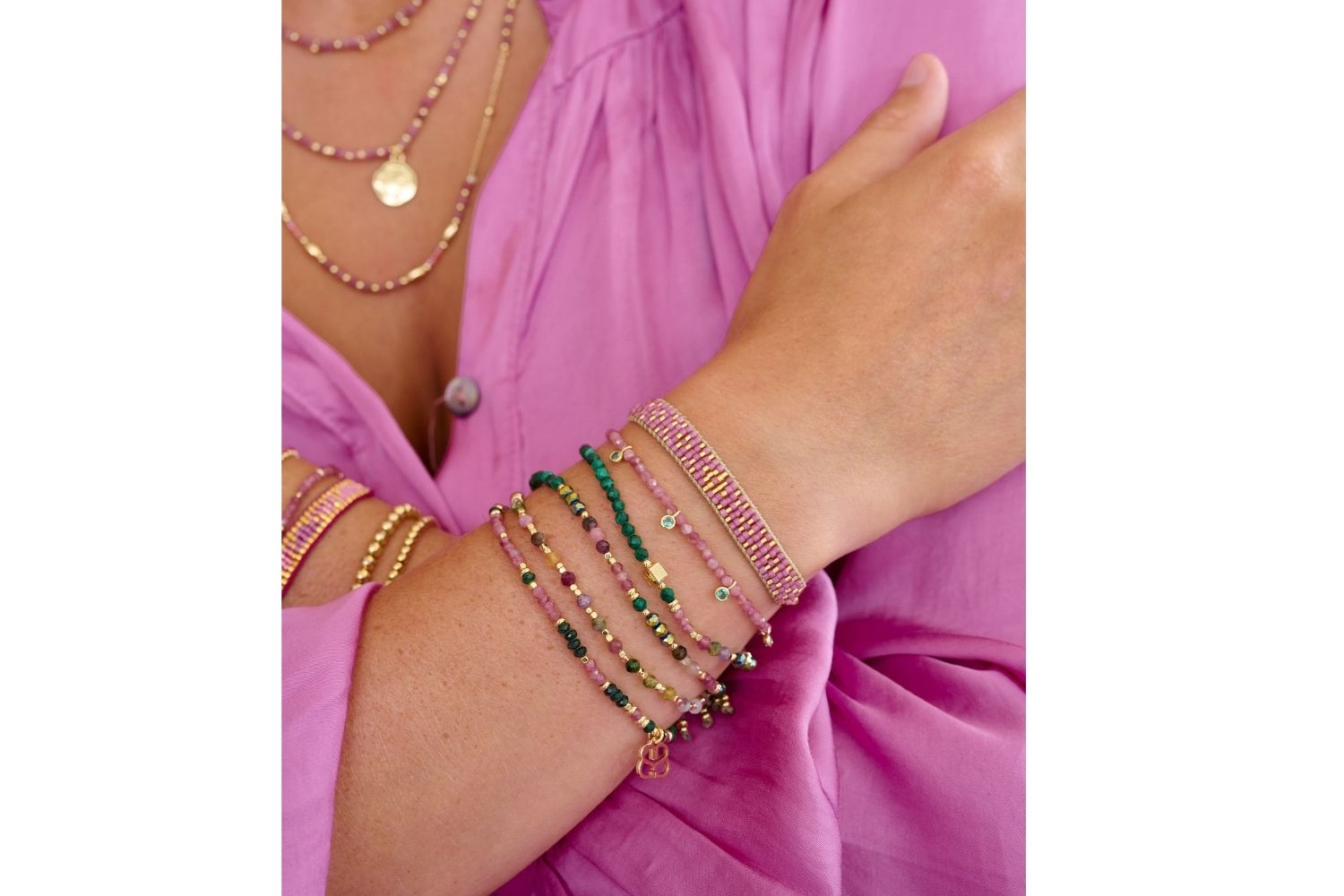 Maya Pink & Gold Miyuki Bead Friendship Bracelet with hand-threaded Japanese Miyuki beads and shimmering gold accents, featuring an adjustable slider for a perfect fit.