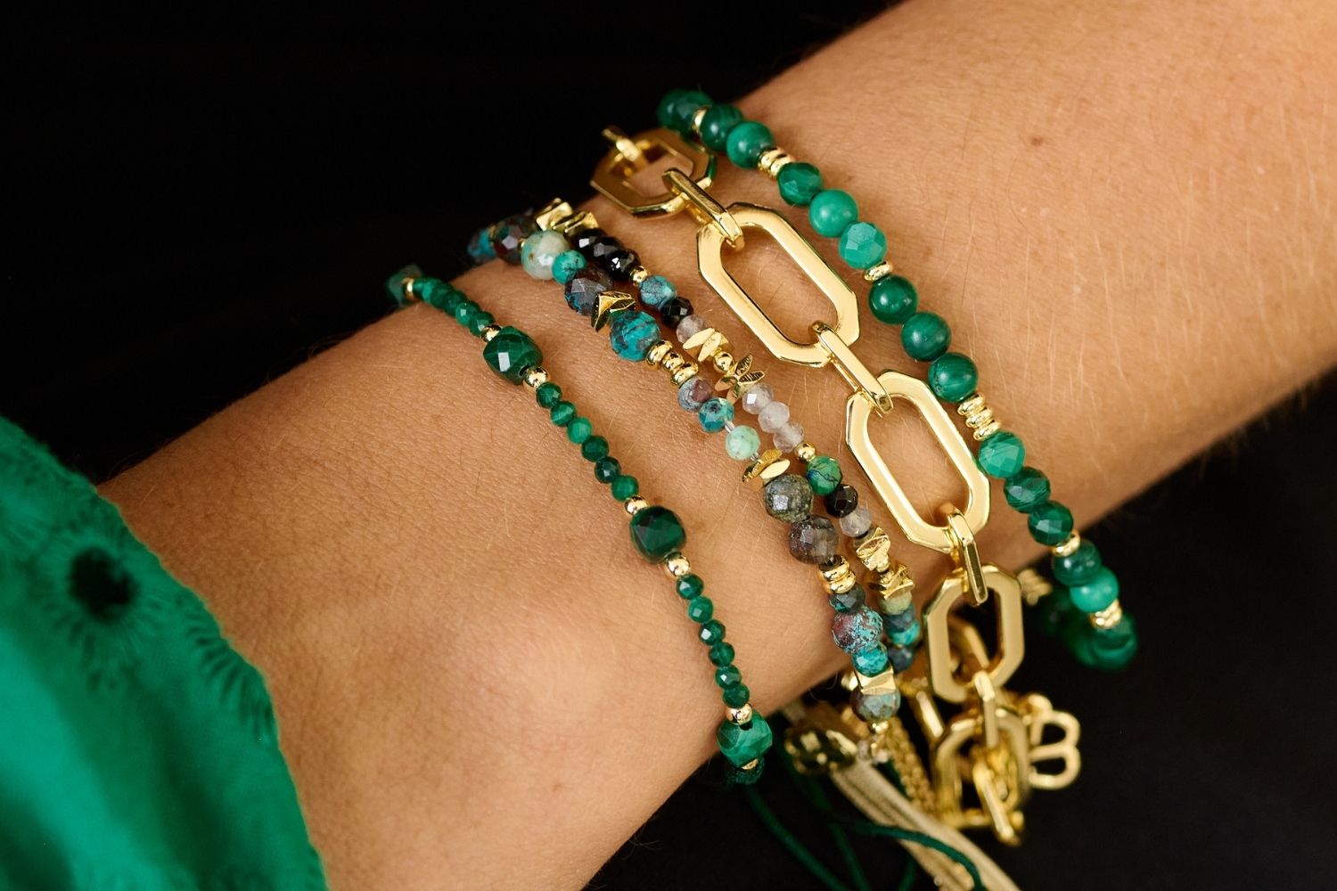 Meadow Gold & Malachite Gemstone Friendship Bracelet styled on the wrist, featuring Malachite beads and gold accents, perfect for layering or wearing solo.