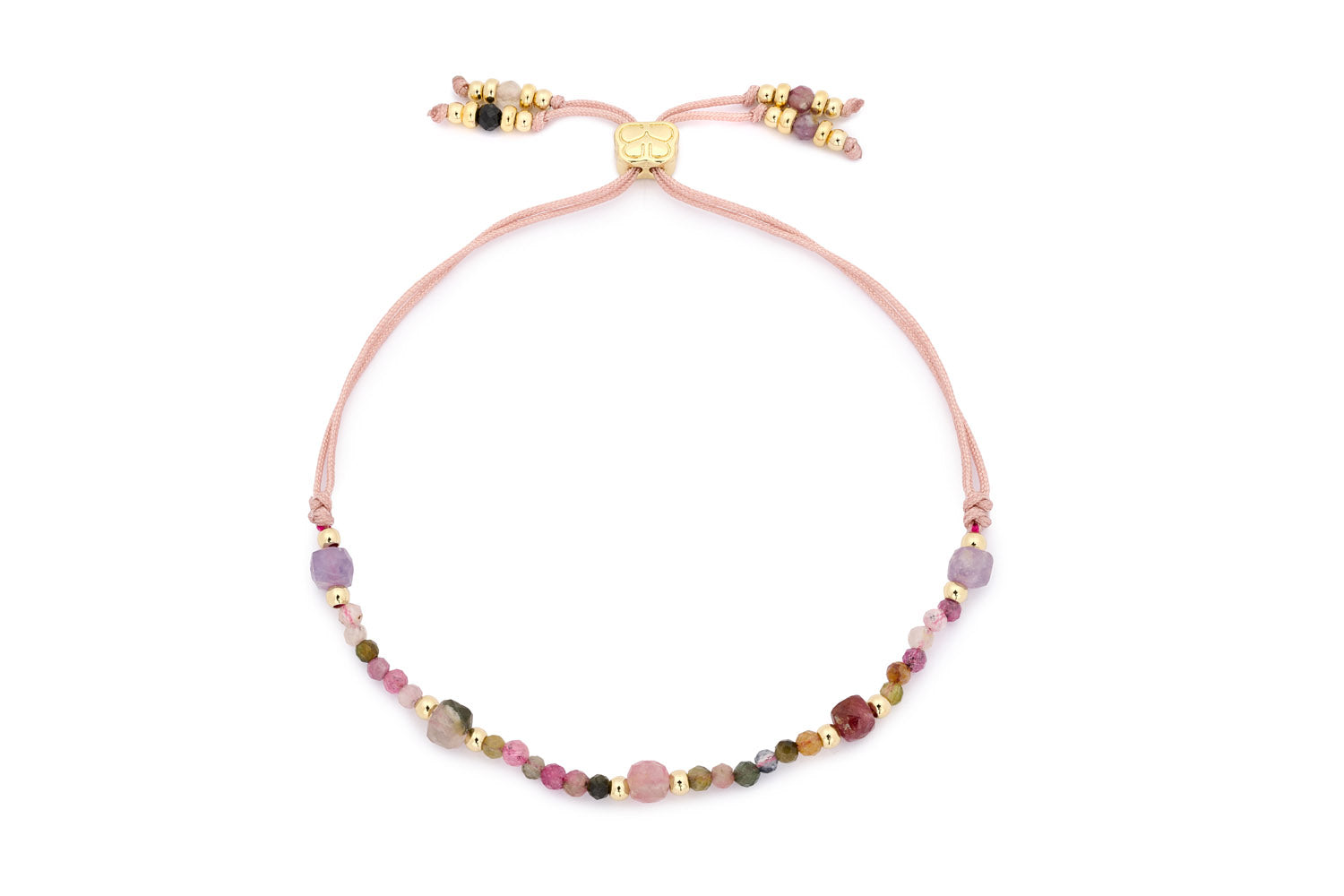 Meadow Gold & Tourmaline Beaded Friendship Bracelet featuring vibrant tourmaline beads, gold-plated accents, and an adjustable pink cord, perfect for gifting as an October birthstone bracelet.