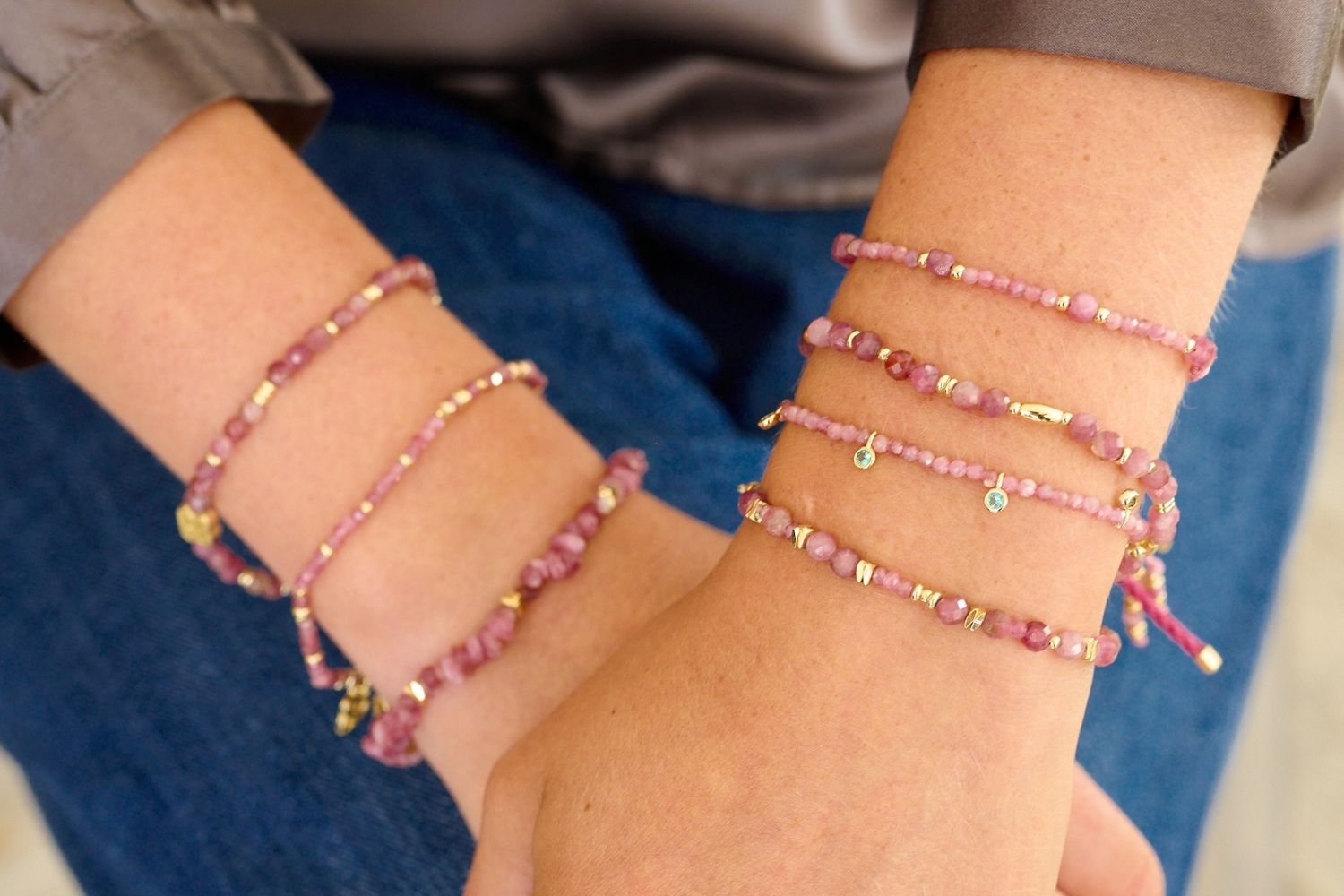 Moana Gold & Pink Tourmaline Beaded Bracelet Stack styled on the wrist, showcasing soft pink tourmaline beads and gold accents, perfect for layering with other Boho Betty bracelets.