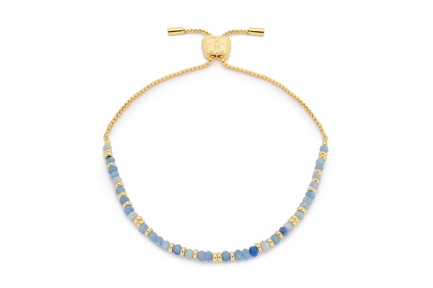 Mystical Blue Aventurine Gold Bracelet featuring serene blue Aventurine beads and a chic 12k gold-plated chain, adjustable with a slider mechanism for a perfect fit.