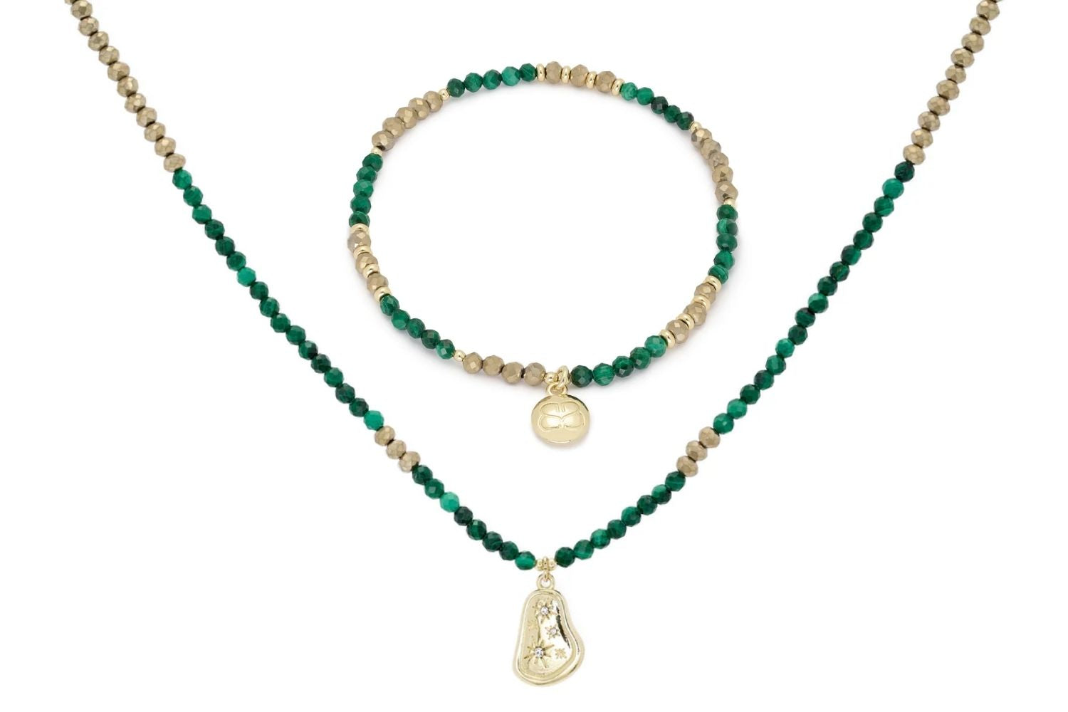 Olive Malachite Necklace and Bracelet Set featuring lush green malachite gemstones, 14k gold-plated accents, and a stretch-fit bracelet with an organic-shaped pendant necklace.