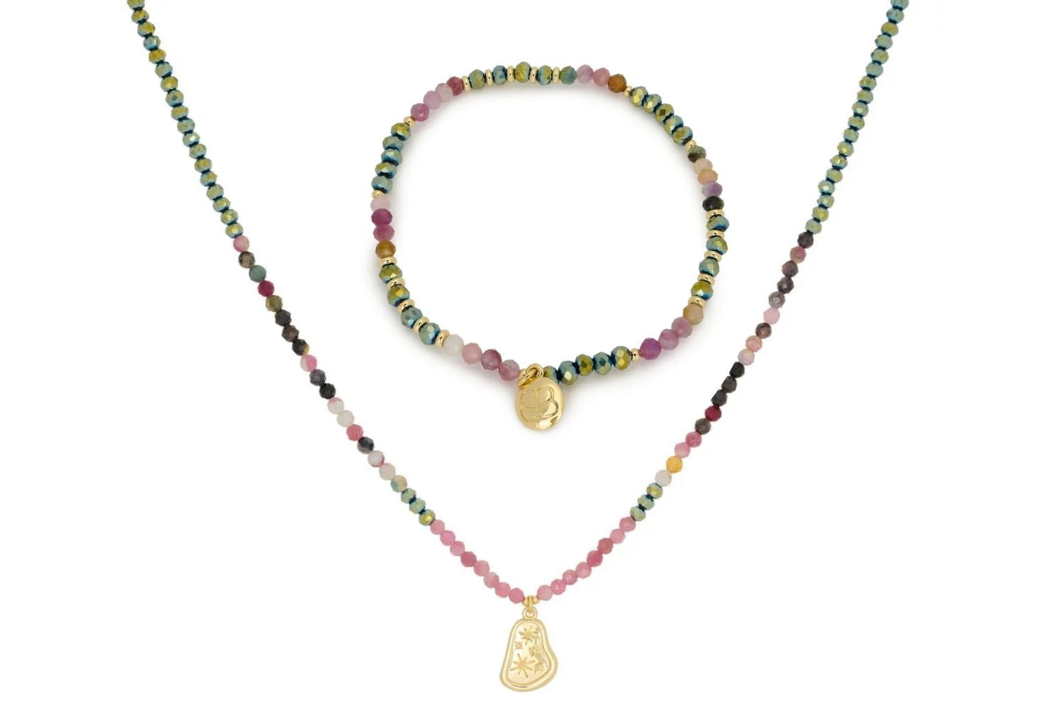 Olive Tourmaline Necklace and Bracelet Set featuring olive tourmaline gemstone beads, 12k gold-plated accents, and an easy stretch-fit bracelet paired with a pendant necklace for boho elegance.