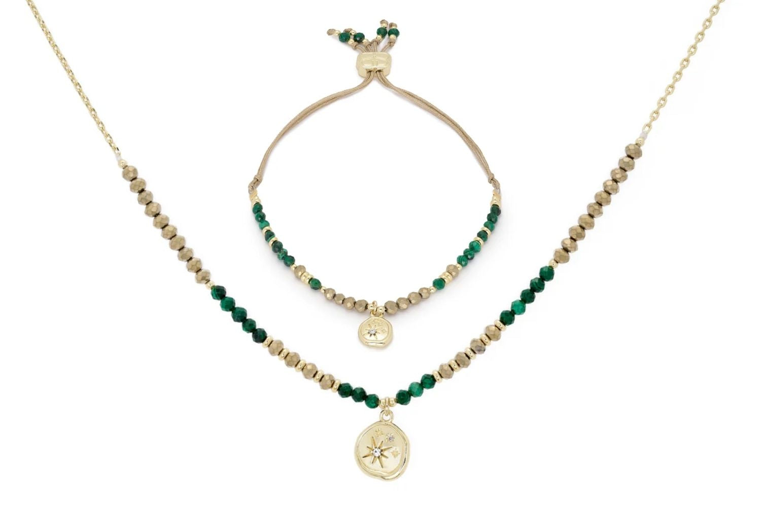 Opulent Malachite Necklace and Bracelet Set featuring vibrant malachite beads, 12k gold-plated accents, and celestial charm, perfect for May birthstone jewellery or gifting.