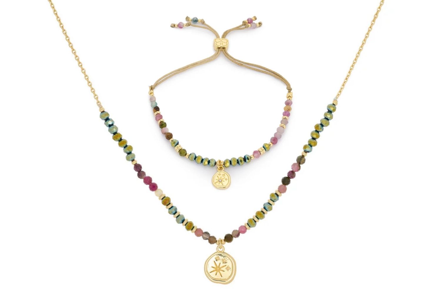 Opulent Tourmaline Necklace and Bracelet Set featuring vibrant multi-coloured tourmaline beads, 12k gold-plated accents, and celestial charm, perfect for October birthstone jewellery or gifting.