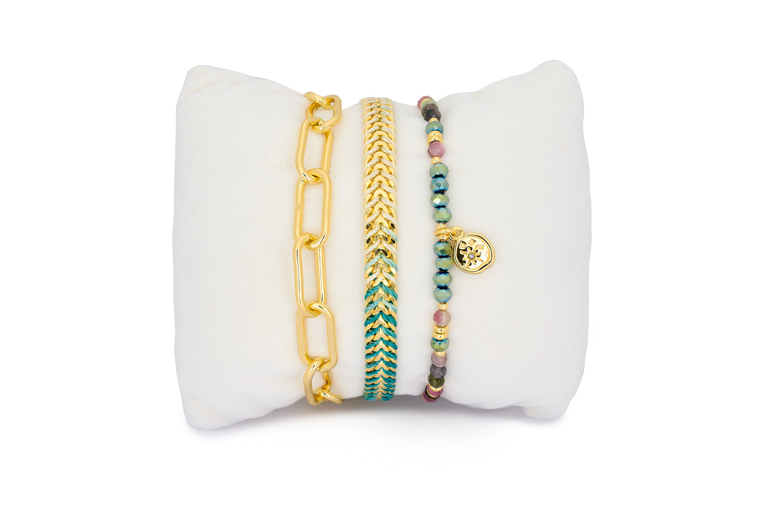 Pamban Gold & Tourmaline Stacking Bracelets featuring turquoise cord, tourmaline beads, and 12k gold-plated accents. Perfect for layering or gifting as a stylish boho-chic accessory.