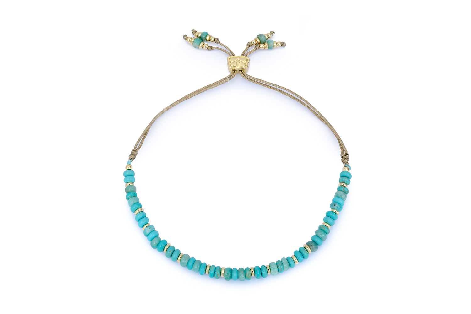 Penny Amazonite & Turquoise Howlite Gold Slider Bracelet featuring smooth blue Amazonite and Turquoise Howlite gemstone beads with 12k gold-plated accents and an adjustable thread slider.