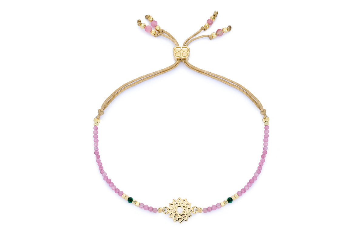 Pink Tourmaline, Malachite & Gold Heart Chakra Bracelet