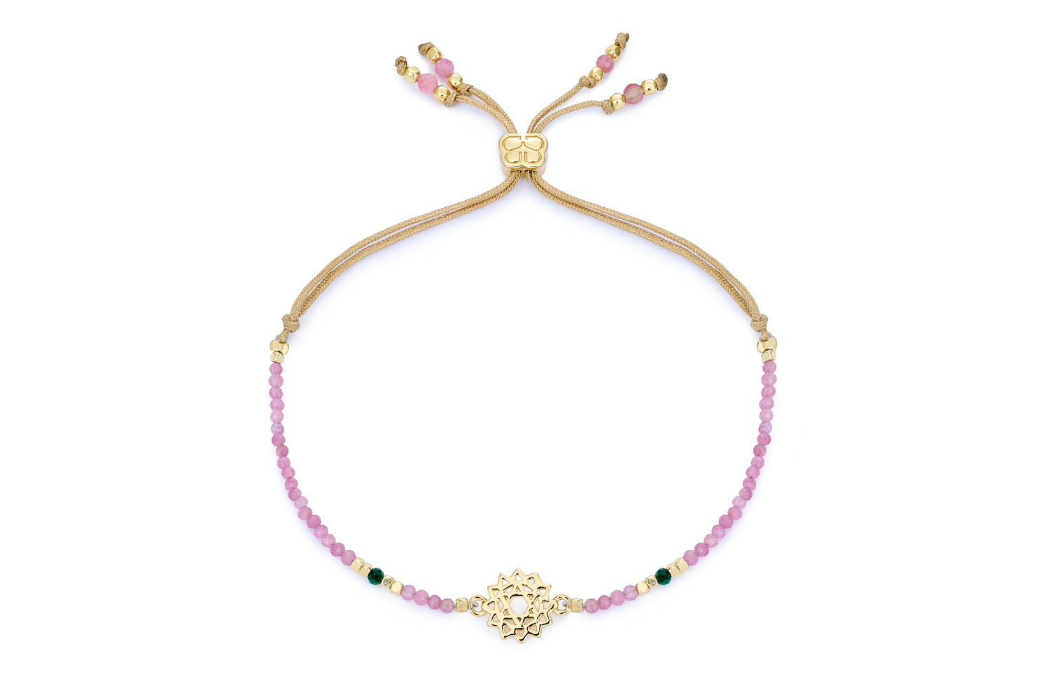 Pink Tourmaline, Malachite & Gold Heart Chakra Bracelet featuring soft pink and deep green gemstone beads, a 12k gold-plated chakra charm, and an adjustable slider fastening for a comfortable, custom fit.