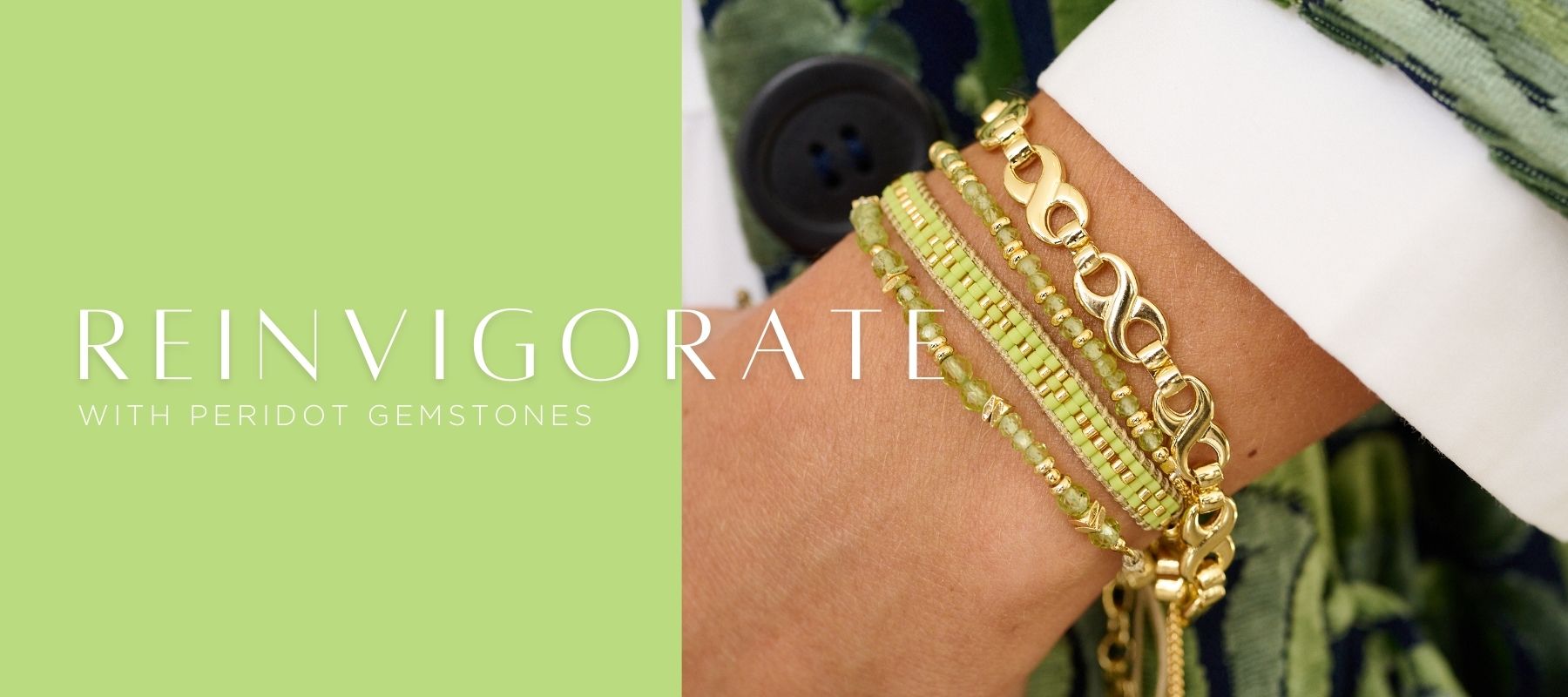 A selection of beautiful bracelets from Boho Betty in shades of lime green and gold, with sparkling peridot gemstones