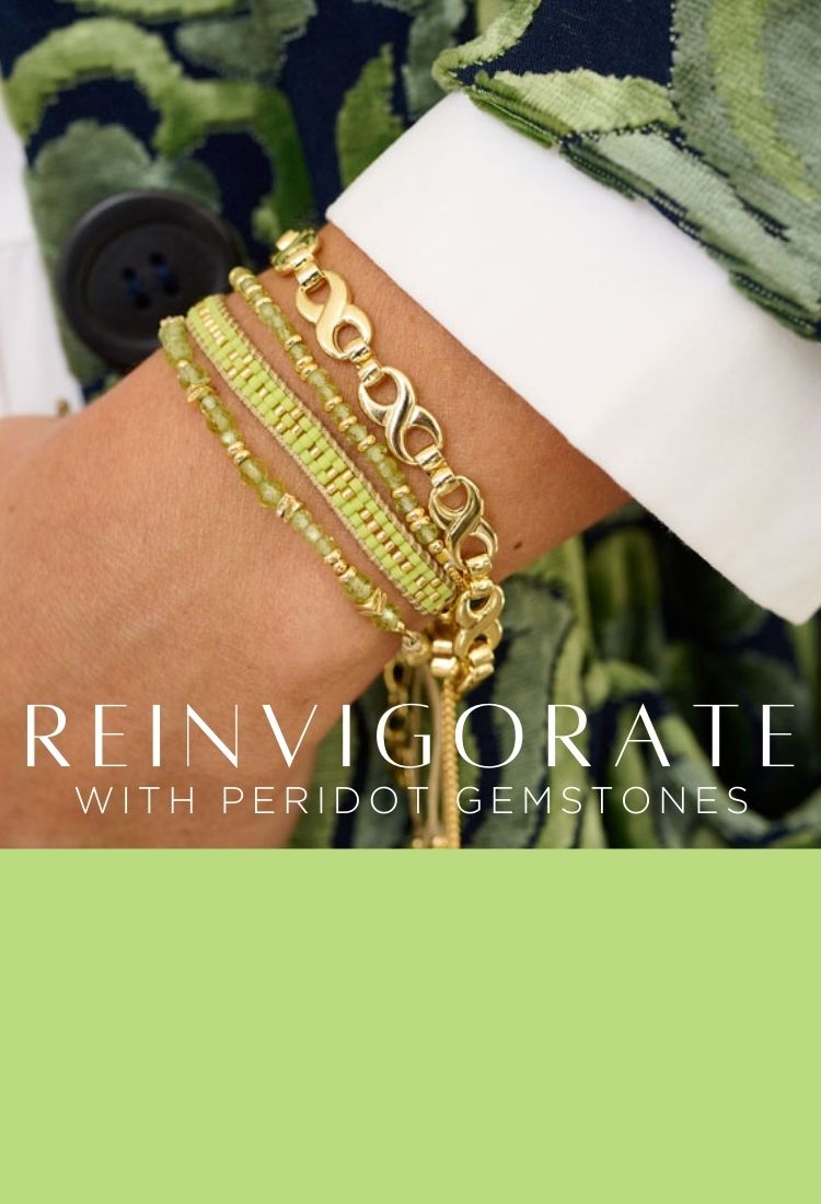 A selection of beautiful bracelets from Boho Betty in shades of lime green and gold, with sparkling peridot gemstones