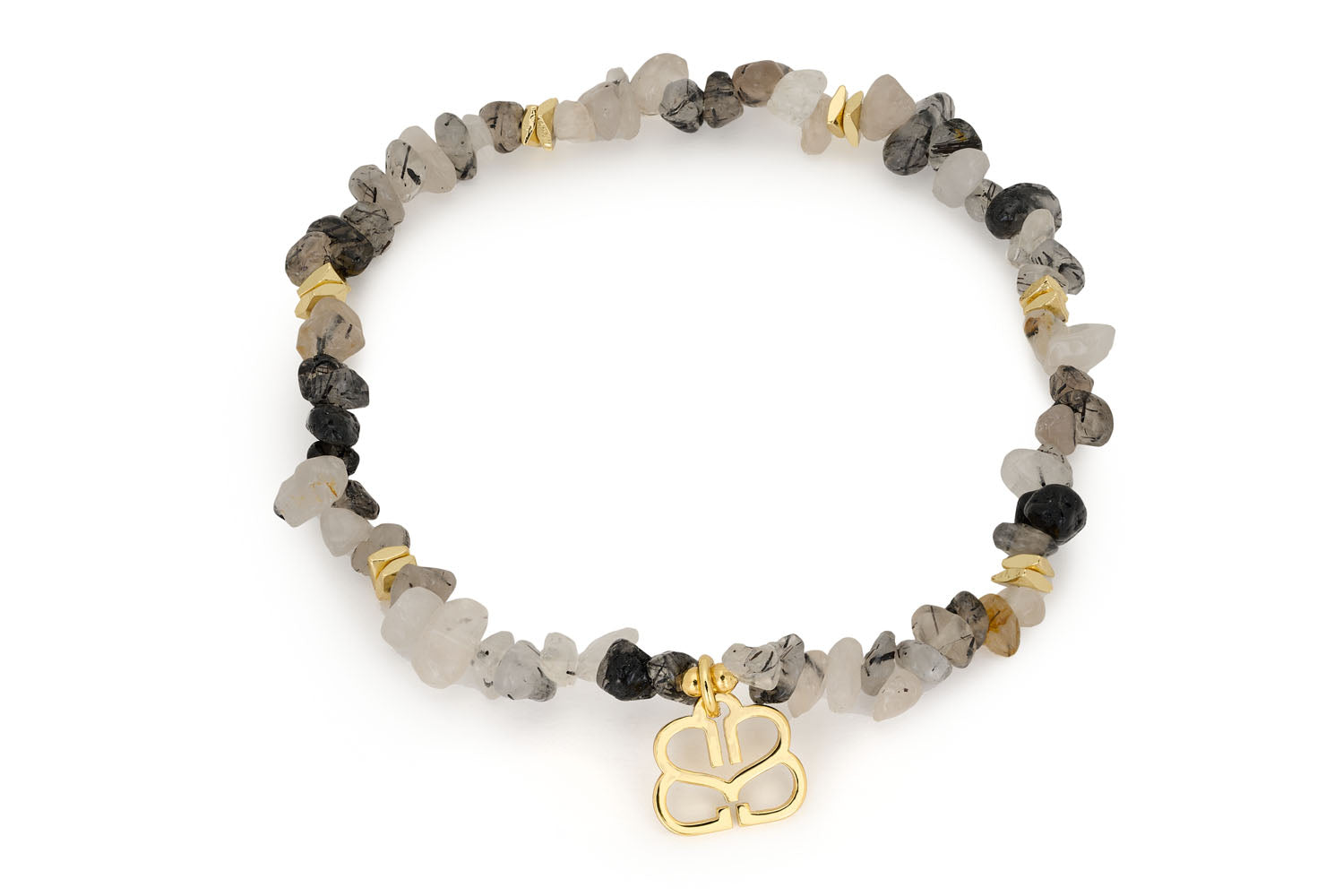 Sana Black Rutilated Quartz Gold Bracelet featuring raw crystal chip beads of black rutilated quartz and luxurious gold-plated accents, perfect for adding mystical elegance to any outfit.