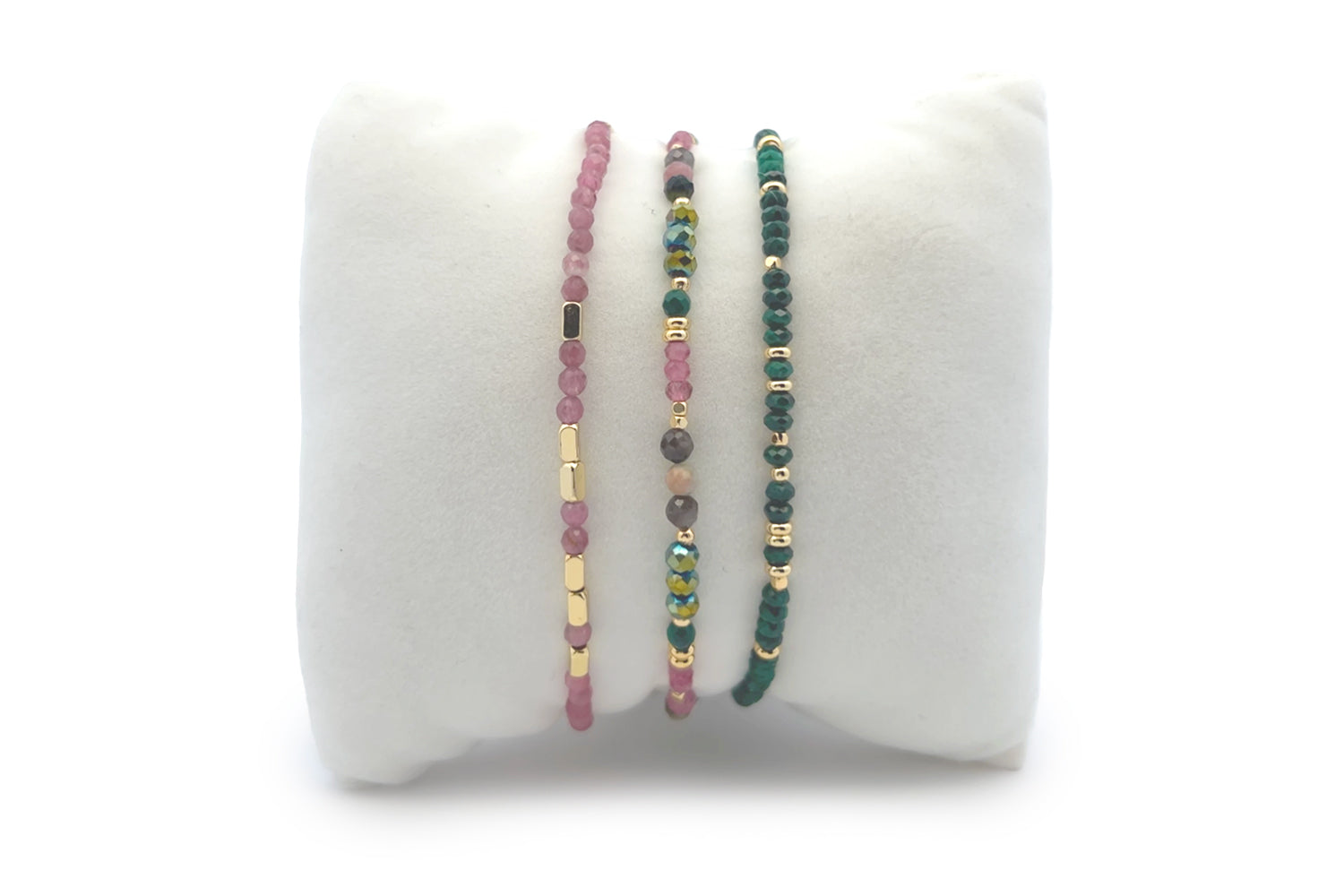 Sarawak Pink Tourmaline and Malachite Gold Stacking Bracelet featuring pink tourmaline, green malachite, and shimmering gold accents for a vibrant, meaningful look.