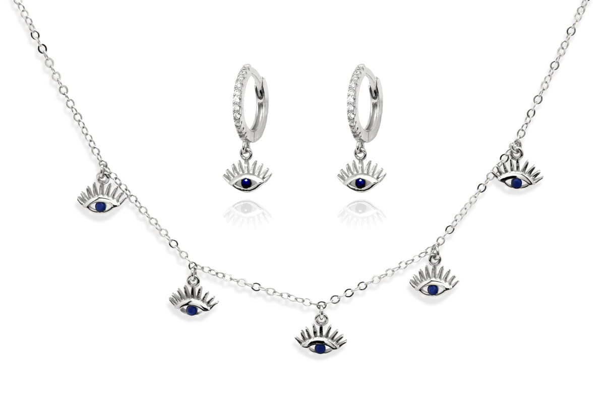 Retsina Sapphire Evil Eye Necklace & Hoop Earring Silver Gift Set