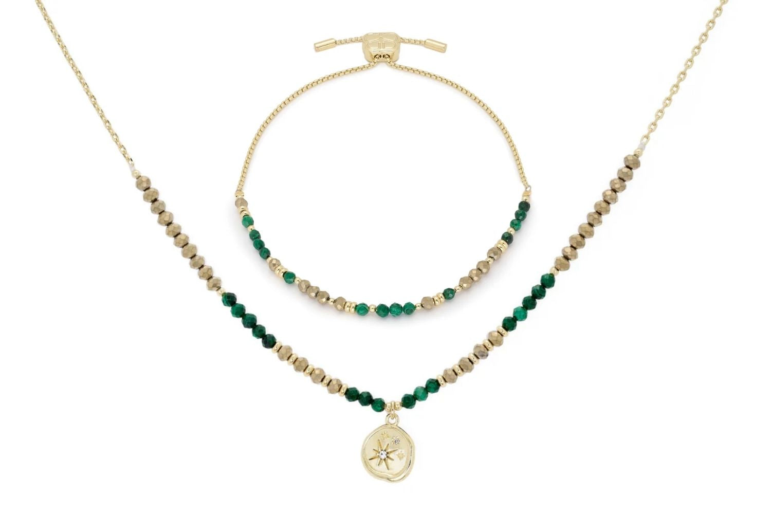 Verde Malachite Necklace and Bracelet Set featuring vibrant malachite beads and 14K gold-plated accents, designed for layering and luxurious styling.