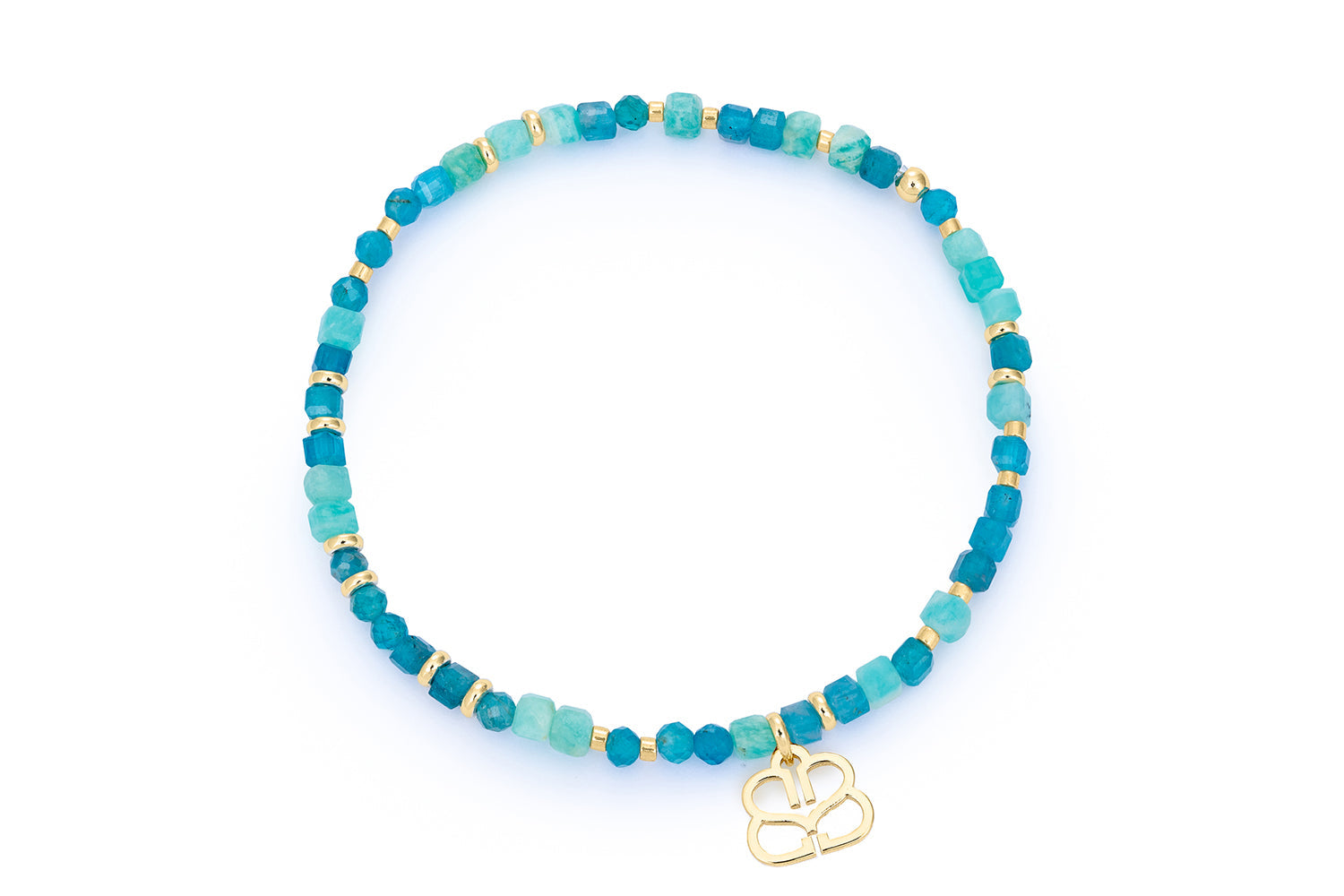 Violet Amazonite and Apatite Gold Bead Bracelet featuring faceted amazonite and apatite crystal beads with 12k gold-plated accents, designed as a stretch bracelet for layering and boho-inspired styling.