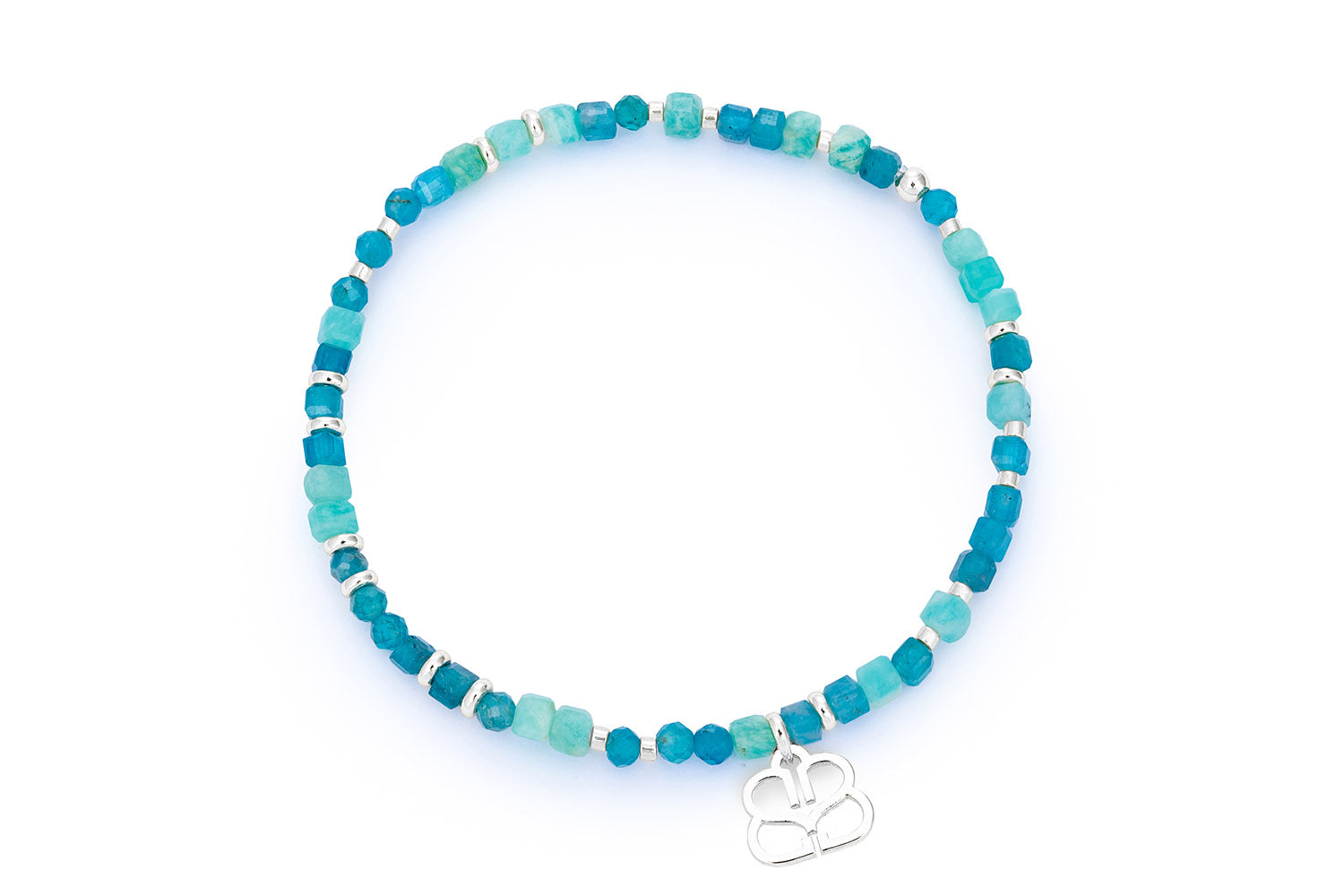 Violet Amazonite and Apatite Silver Bead Bracelet featuring calming amazonite and vibrant apatite gemstones with silver-plated brass accents and an 18cm stretch design, perfect for layering or solo wear.