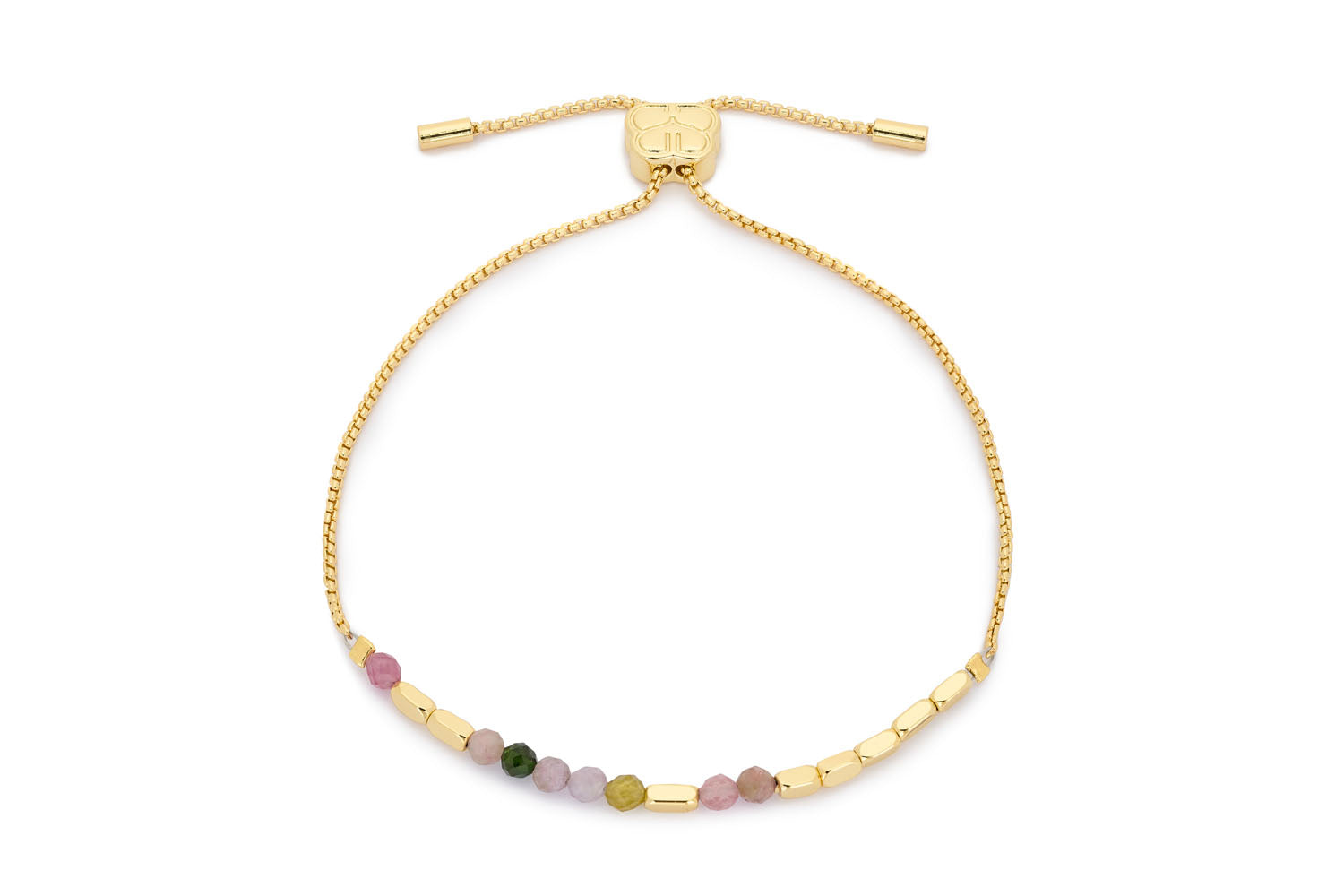 Wisdom Tourmaline Beaded Morse Code Bracelet featuring faceted tourmaline gemstones arranged in a Morse code pattern that spells "Wisdom," accented with 12k gold-plated brass and an adjustable BB slider for a perfect fit.