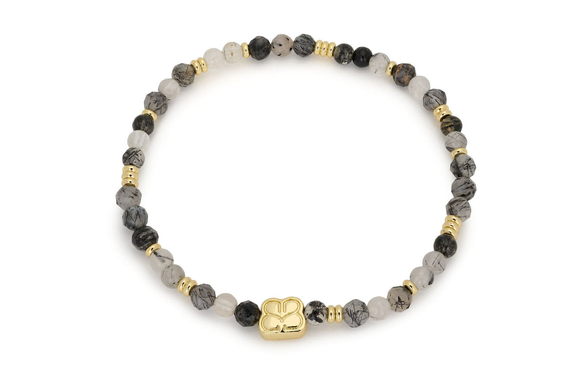 Wonder Gold & Black Rutilated Quartz Stretch Bead Bracelet