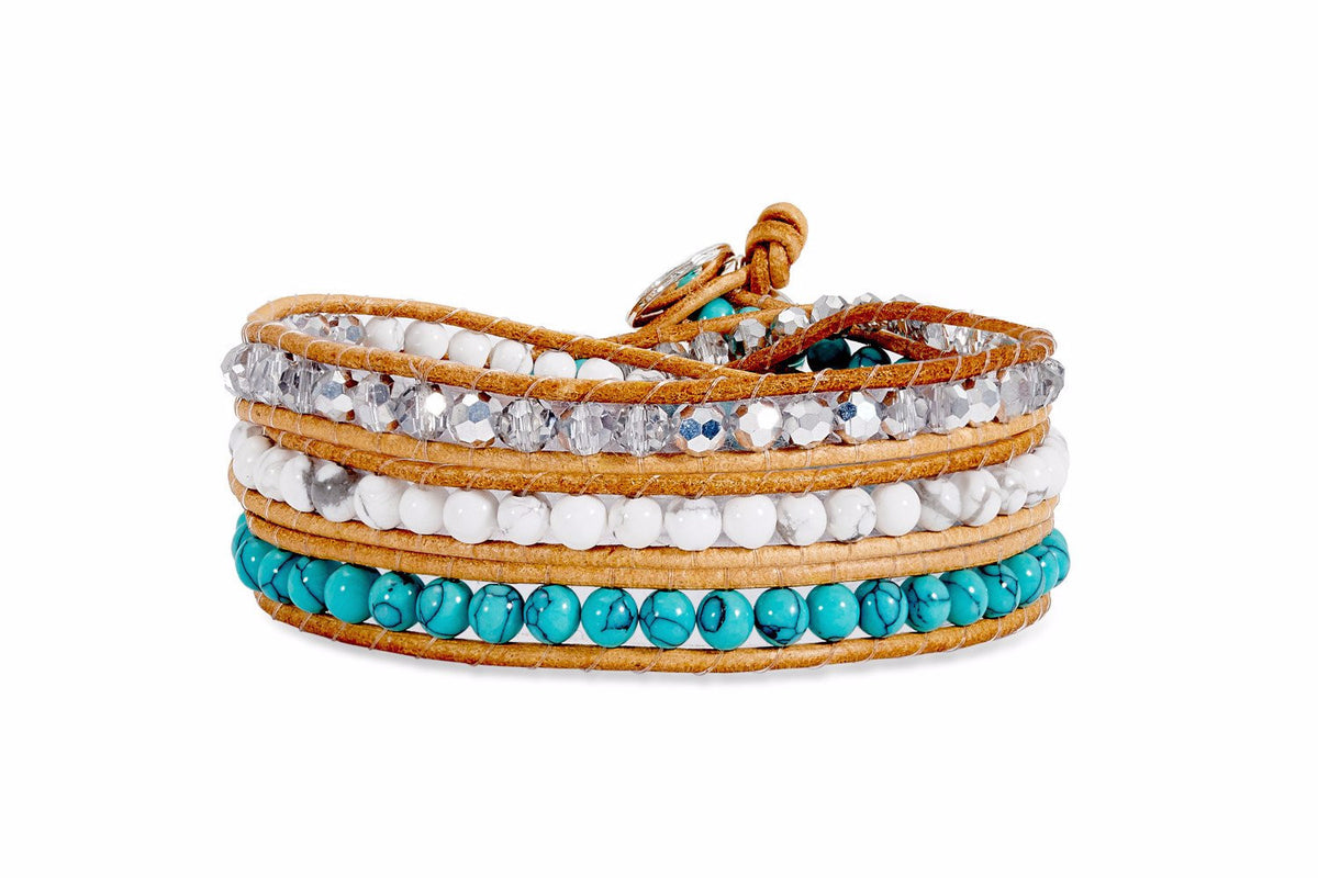 Baku Turquoise & Tan Leather 3 Wrap Gemstone Bracelet