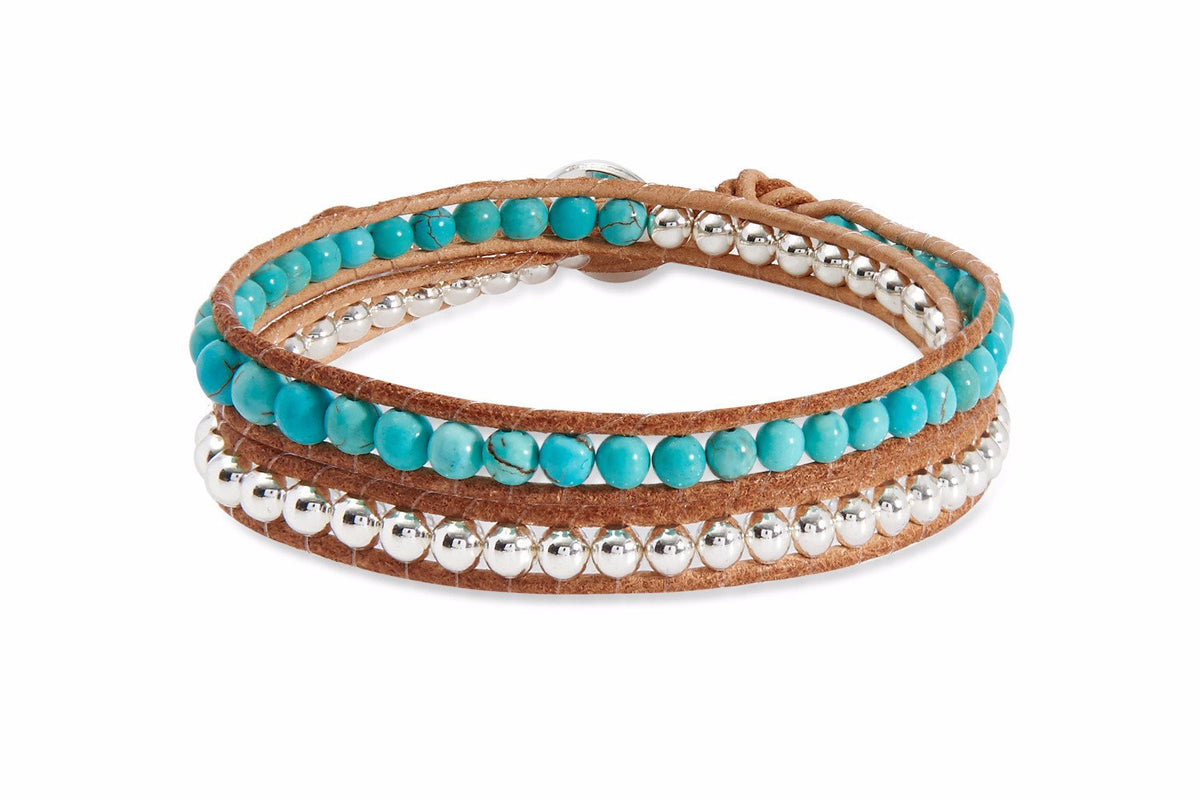 Draco Turquoise & Tan Leather 2 Wrap Gemstone Bracelet