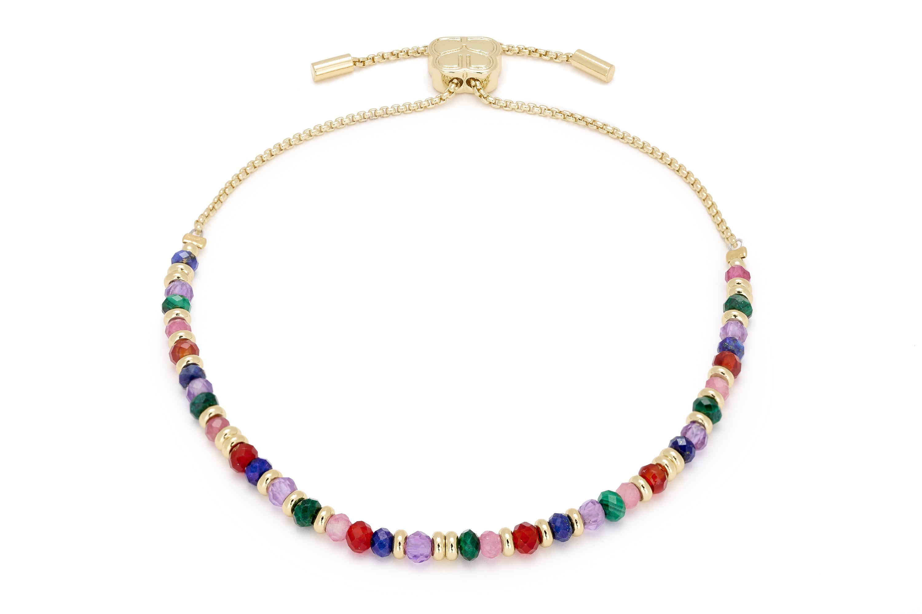 Wonderful Bright mix with red, purple, green and blue tones complemented with Gold plating in this Mystical Gemstone chain Slider Bracelet. 