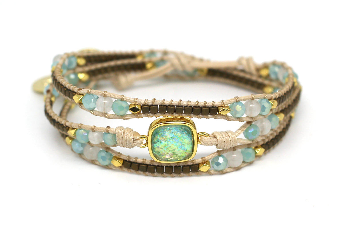 America Aqua Gemstone 3 Wrap Bracelet