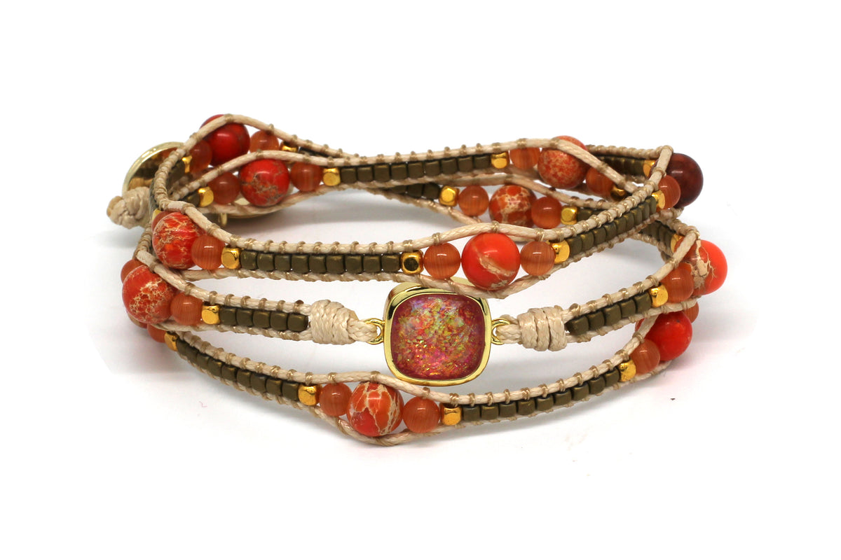 America Orange Gemstone 3 Wrap Bracelet