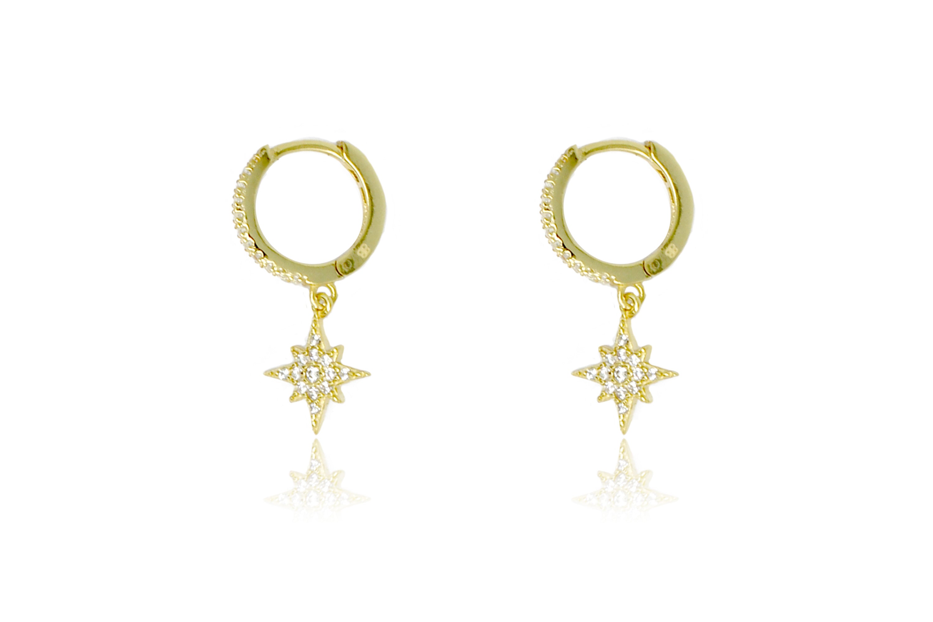 Cohan Gold CZ Star Hoop Earrings featuring 14k gold-plated sterling silver hoops and dangling cubic zirconia star charms.