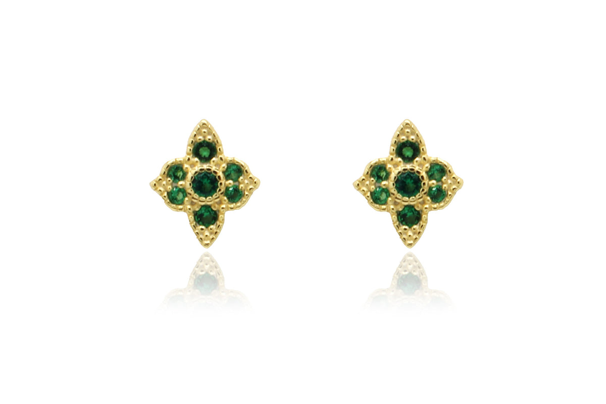 Takia Filigree Emerald CZ Gold Sterling Silver Stud Earrings