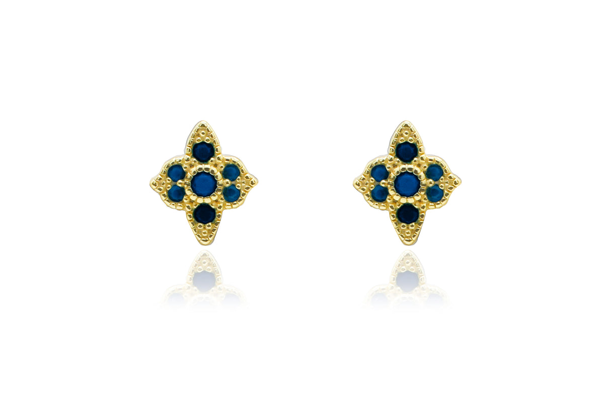 Takia Filigree Sapphire Blue CZ Sterling Silver Gold Stud Earrings